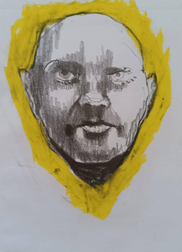 Disegno a grafite su carta di Ottavio Mangiarini, Presence Portrait con aura giallo limone, opera originale contemporanea.