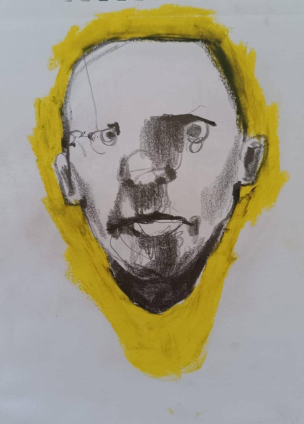 Disegno a grafite su carta di Ottavio Mangiarini, Presence Portrait con aura giallo intenso, opera originale contemporanea.