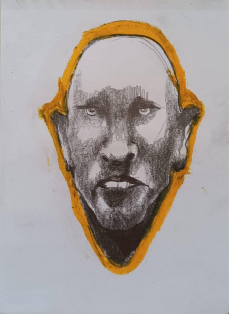 Disegno a grafite su carta di Ottavio Mangiarini, Presence Portrait con aura rosa corallo, opera originale contemporanea.