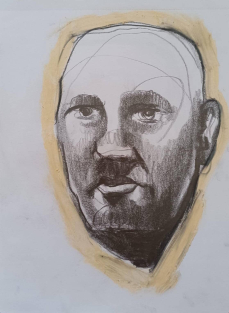 Disegno a grafite su carta di Ottavio Mangiarini, Presence Portrait con aura rosa carne, opera originale contemporanea.