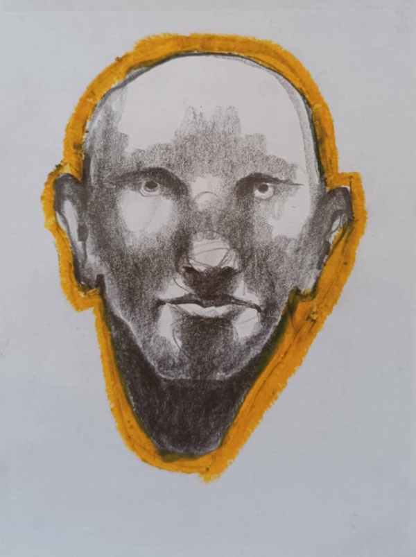 Disegno a grafite su carta di Ottavio Mangiarini, Presence Portrait con aura color arancio, opera originale contemporanea.