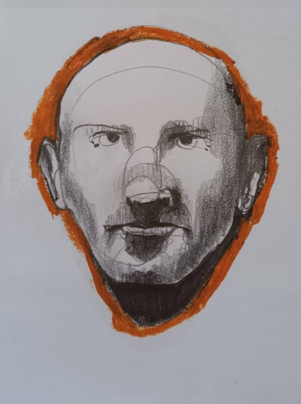 Disegno a grafite su carta di Ottavio Mangiarini, Presence Portrait con aura rosso arancio, opera originale contemporanea.