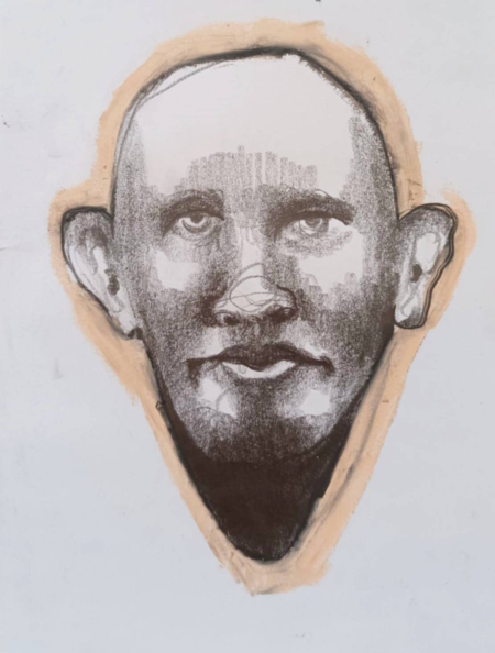 Disegno a grafite su carta di Ottavio Mangiarini, Presence Portrait con dettaglio rosa, opera originale contemporanea.