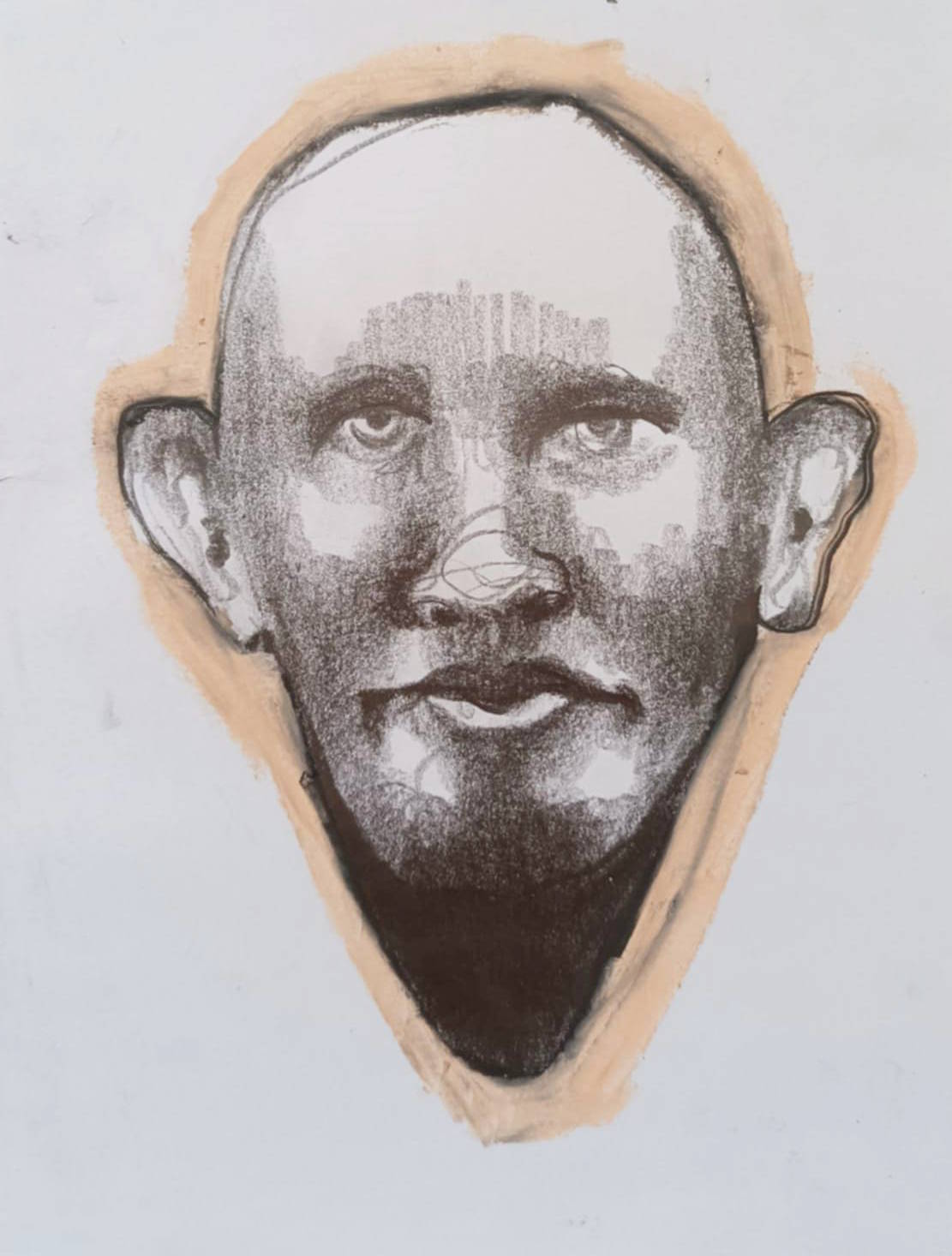 Disegno a grafite su carta di Ottavio Mangiarini, Presence Portrait con dettaglio rosa, opera originale contemporanea.