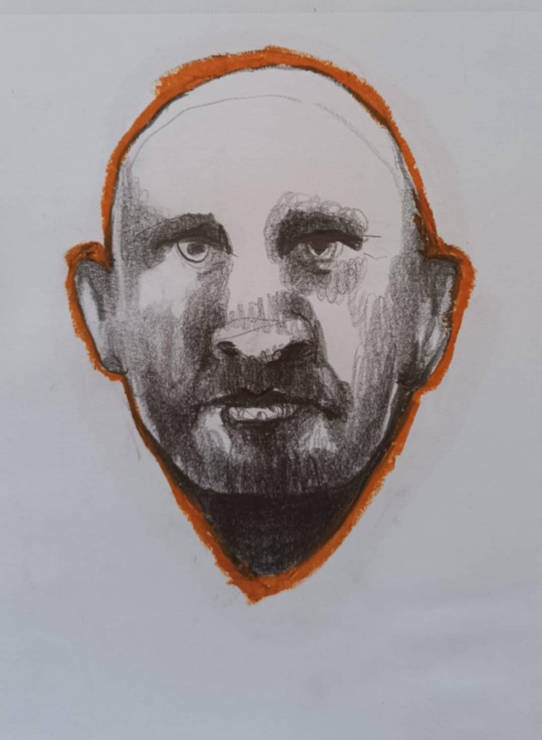 Disegno a grafite su carta di Ottavio Mangiarini, Presence Portrait con aura rosso mattone, opera originale contemporanea.