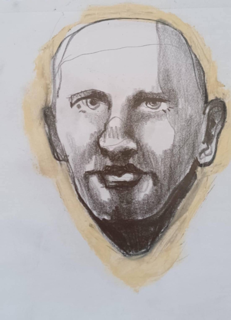 Disegno a grafite su carta di Ottavio Mangiarini, Presence Portrait con aura rosa pallido, opera originale contemporanea.