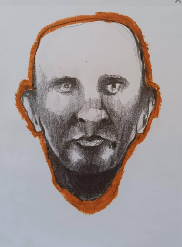 Disegno a grafite su carta di Ottavio Mangiarini, Presence Portrait con segno rosso arancio, opera originale contemporanea.