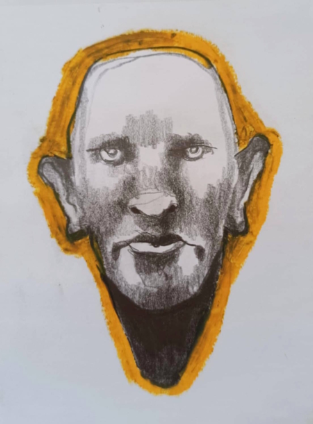 Disegno a grafite su carta di Ottavio Mangiarini, Presence Portrait con aura arancione, opera originale contemporanea.