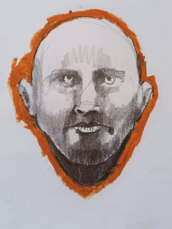 Disegno a grafite su carta di Ottavio Mangiarini, Presence Portrait con aura rosso chiaro, opera originale contemporanea.
