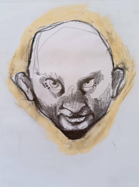 Disegno a grafite su carta di Ottavio Mangiarini, Presence Portrait con aura rosa cipria, opera originale contemporanea.