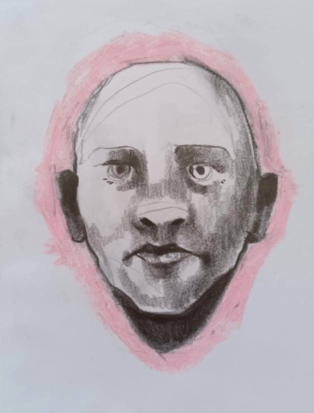 Disegno a grafite su carta di Ottavio Mangiarini, Presence Portrait con tocco rosa fluo, opera originale contemporanea.