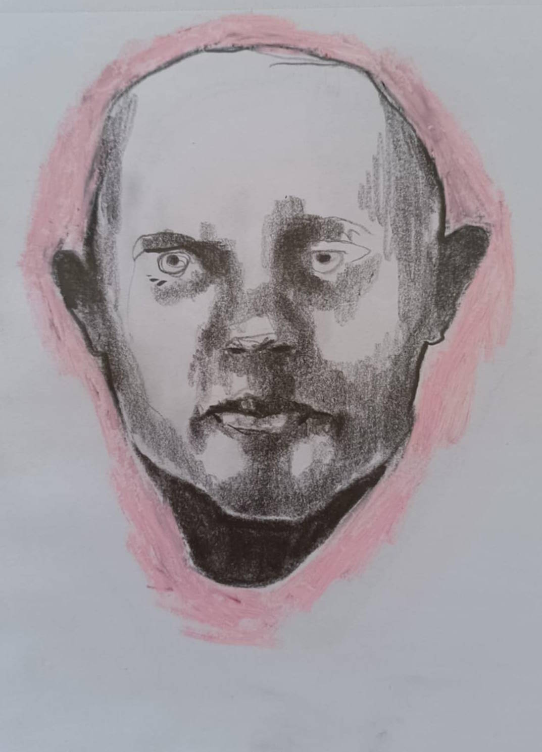 Disegno a grafite su carta di Ottavio Mangiarini, Presence Portrait con aura rosa shocking, opera originale contemporanea.