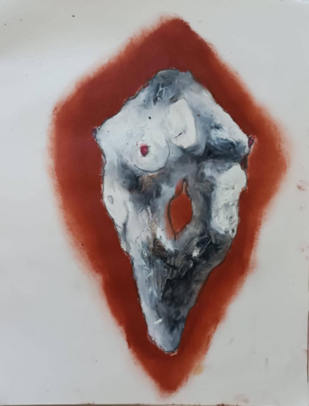 Torso in grafite con aura rosso cupo, disegno su carta di Ottavio Mangiarini.