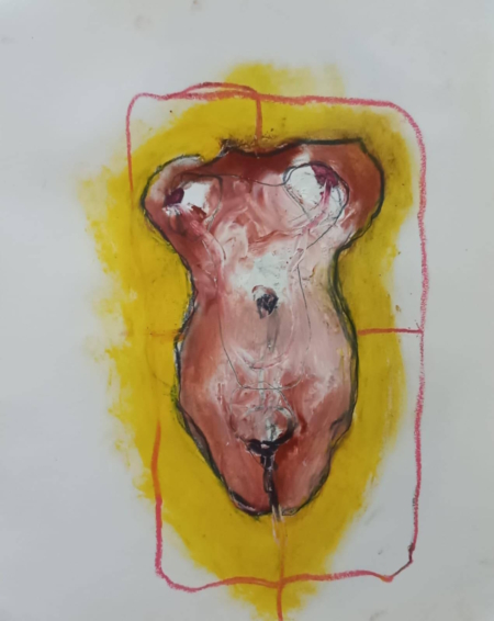 Torso dipinto color carne con aura gialla, disegno su carta di Ottavio Mangiarini.