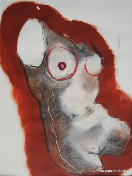 Torso in grafite con aura rosso cupo, disegno su carta di Ottavio Mangiarini.