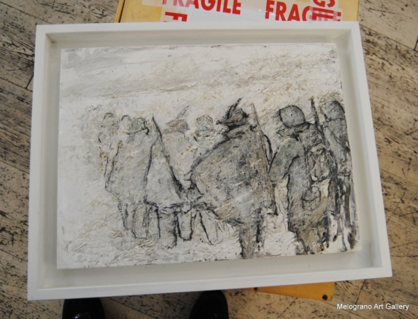 pittura contemporanea dedicata alla ritirata di Russia, colonna di soldati nella neve