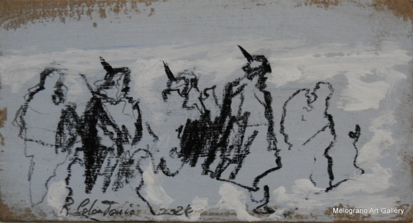 pittura contemporanea dedicata alla ritirata di Russia, colonna di soldati nella neve