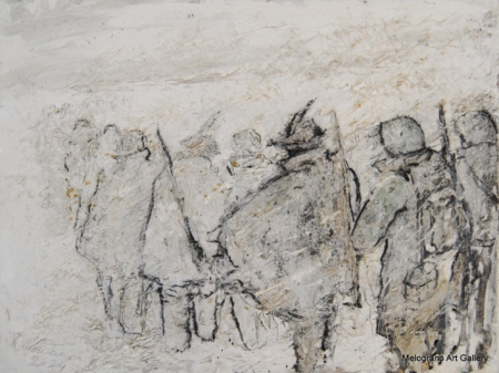 Alpini in marcia nella neve, luce e silenzio. Pittura di Raimondo Colantonio per ricordare la ritirata di Russia del 1943.