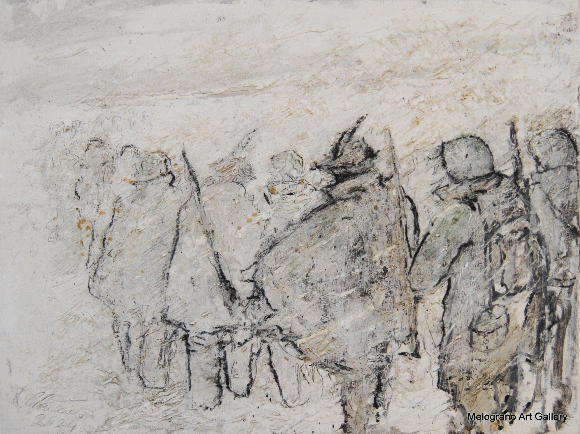 Alpini in marcia nella neve, luce e silenzio. Pittura di Raimondo Colantonio per ricordare la ritirata di Russia del 1943.