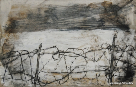quadro con filo spinato nella neve, memoria della guerra, Raimondo Colantonio