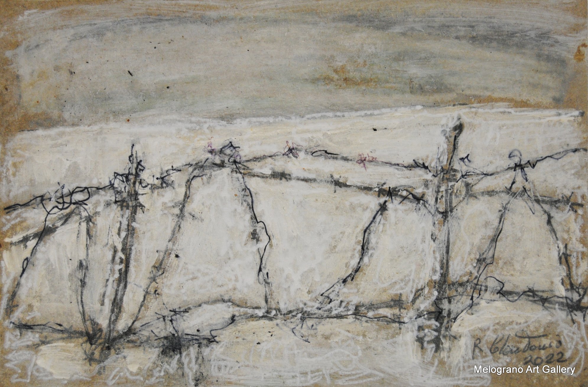 quadro con filo spinato nella neve, memoria della guerra, Raimondo Colantonio