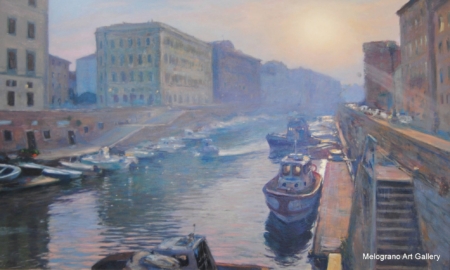 Fosso Reale a Livorno all’alba, dipinto di Riccardo Chirici, barca in controluce che si avvia verso il mare