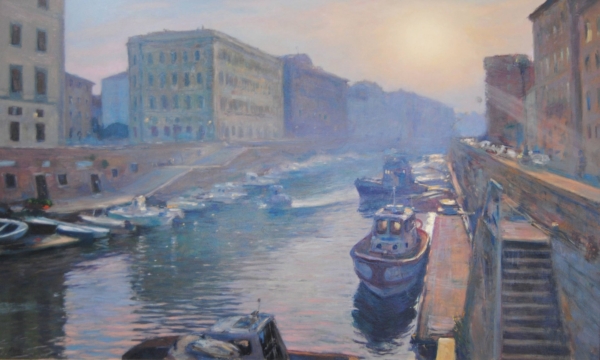 Fosso Reale a Livorno all’alba, dipinto di Riccardo Chirici, barca in controluce che si avvia verso il mare
