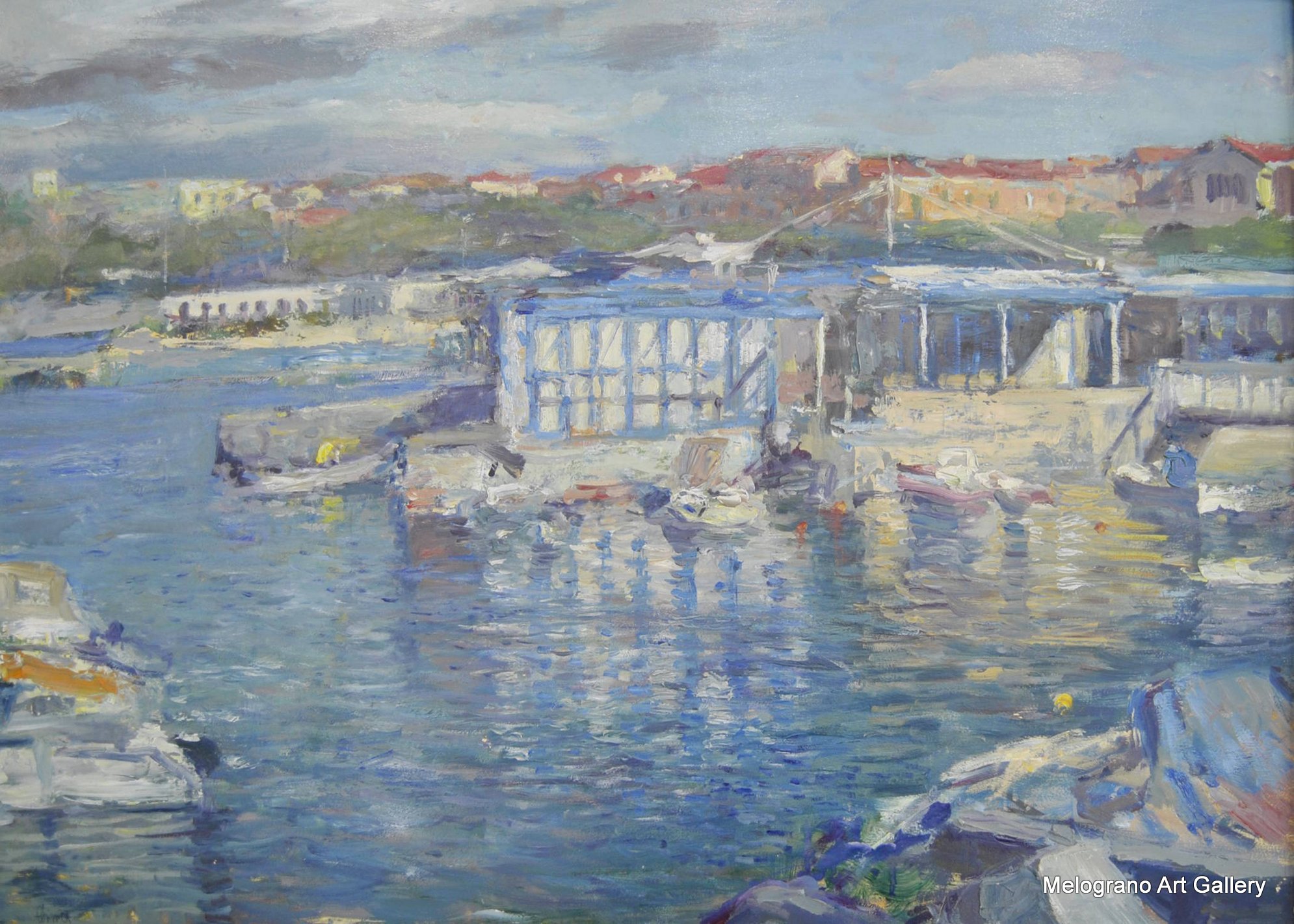 I Bagni Lido a Livorno, dipinto di Riccardo Chirici, scorcio livornese con luce mattutina acquosa e nebbie estive