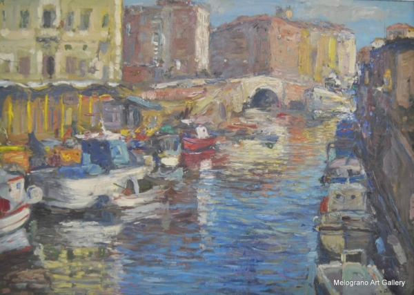 Darsena Livornese, dipinto di Riccardo Chirici, scorcio dei fossi con palazzi antichi riflessi nell’acqua