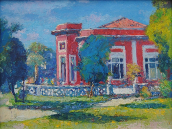 La Baracchina Rossa al mattino, dipinto di Riccardo Chirici, architettura liberty sul lungomare di Livorno