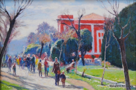 La Baracchina Rossa al mattino 2, dipinto di Riccardo Chirici, veduta luminosa con baracchina liberty e tamerici