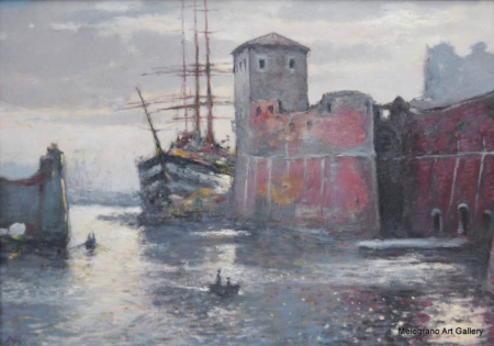 Darsena Livornese, dipinto di Riccardo Chirici, scorcio dei fossi con palazzi antichi riflessi nell’acqua