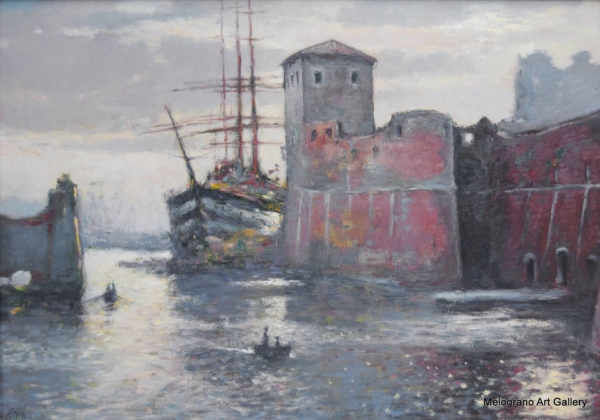 Darsena Livornese, dipinto di Riccardo Chirici, scorcio dei fossi con palazzi antichi riflessi nell’acqua