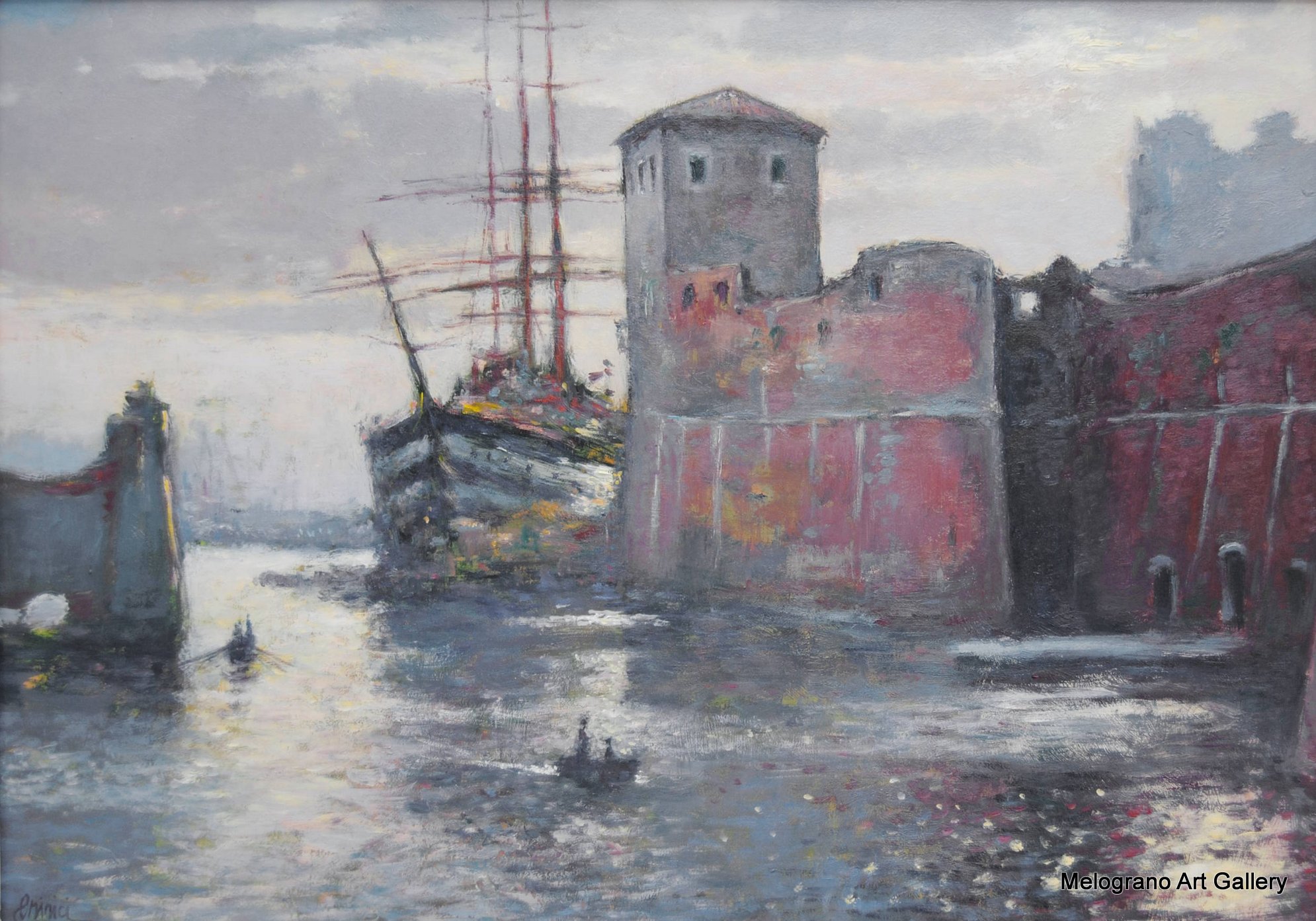 Darsena Livornese, dipinto di Riccardo Chirici, scorcio dei fossi con palazzi antichi riflessi nell’acqua