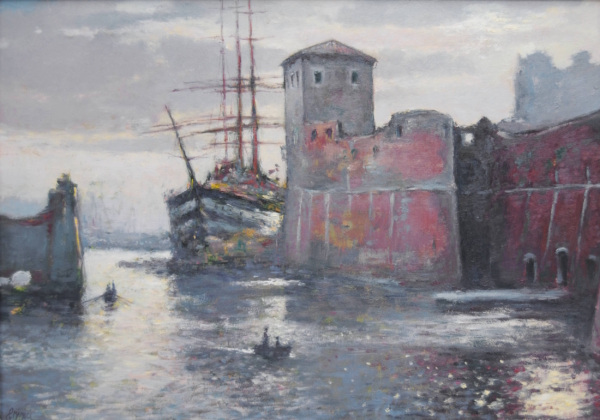 Nave Vespucci in porto, dipinto di Riccardo Chirici, Vespucci davanti alla Fortezza Vecchia con acqua specchiante e riflessi argentei