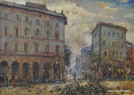Piazza della Repubblica a Livorno, dipinto di Riccardo Chirici, piazza ottocentesca con piccioni, stile tra impressionismo e macchiaioli