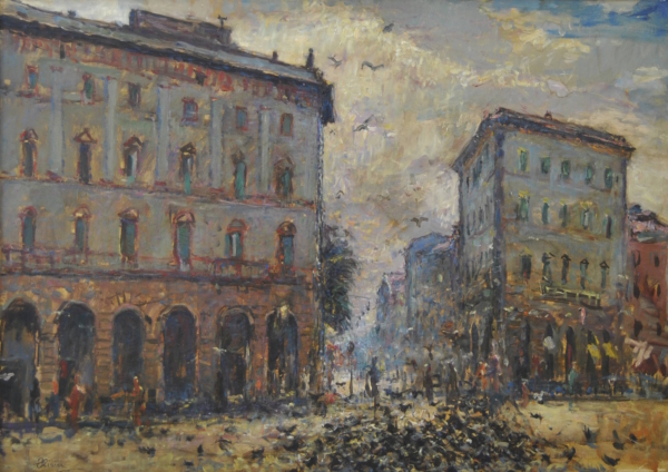 Piazza della Repubblica a Livorno, dipinto di Riccardo Chirici, piazza ottocentesca con piccioni, stile tra impressionismo e macchiaioli