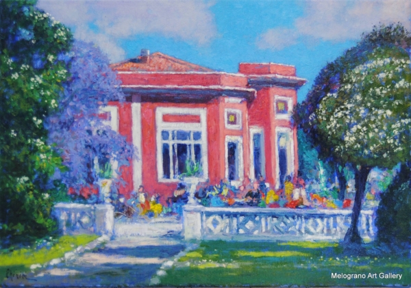 Tanta gente in Baracchina, dipinto di Riccardo Chirici, scena di vita quotidiana al celebre ritrovo liberty di Livorno