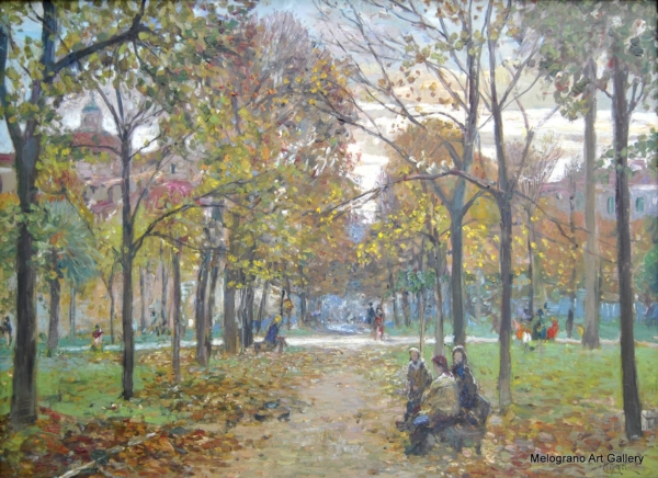 Tramonto in piazza Magenta, dipinto di Riccardo Chirici, viali alberati e chiesa di Santa Maria del Soccorso a Livorno