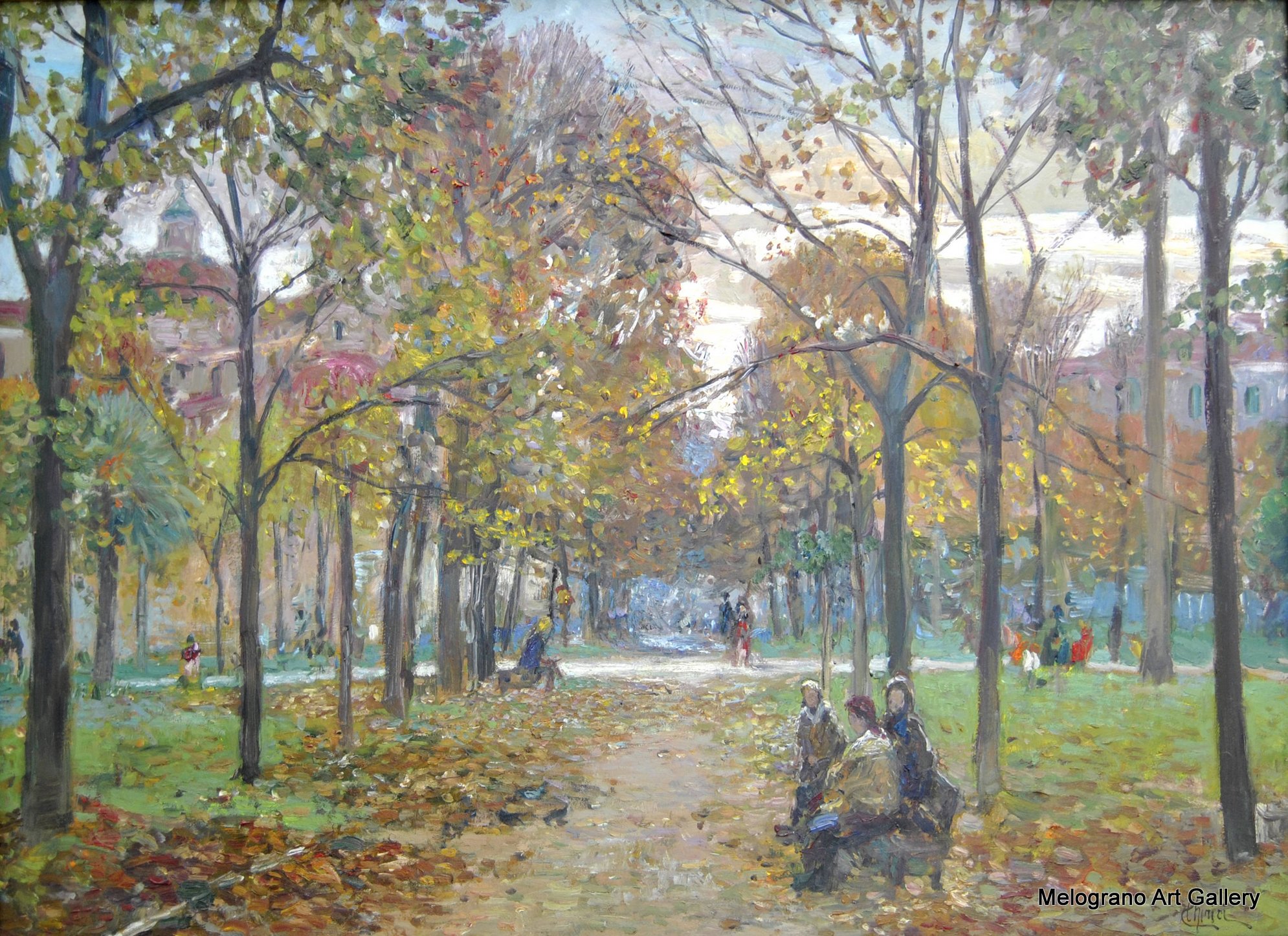 Tramonto in piazza Magenta, dipinto di Riccardo Chirici, viali alberati e chiesa di Santa Maria del Soccorso a Livorno