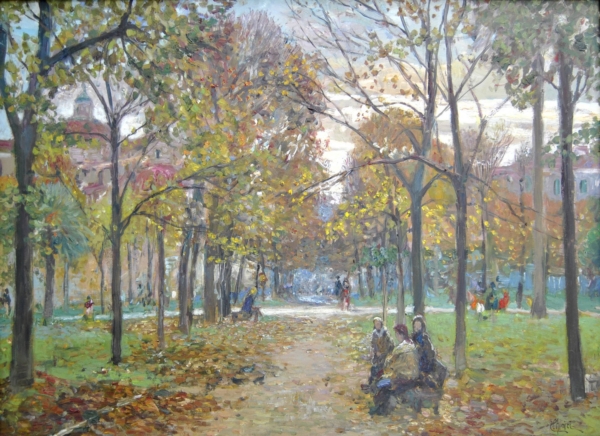 Tramonto in piazza Magenta, dipinto di Riccardo Chirici, viali alberati e chiesa di Santa Maria del Soccorso a Livorno