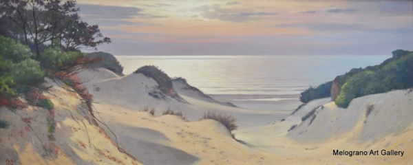 Dune controluce 2023, dipinto di Riccardo Chirici, paesaggio naturale con dune sabbiose e controluce