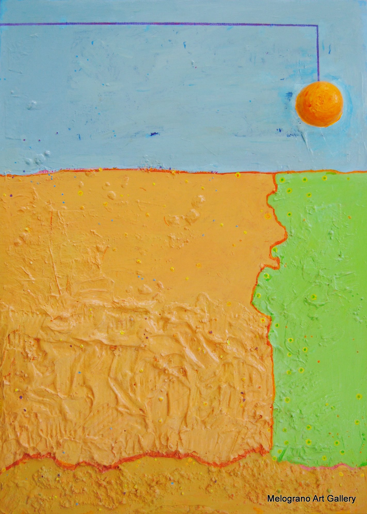 Cala-sole di Riccardo Lizio: paesaggio astratto con sole arancione al tramonto, cielo blu leggero e superficie materica di terra e vegetazione.