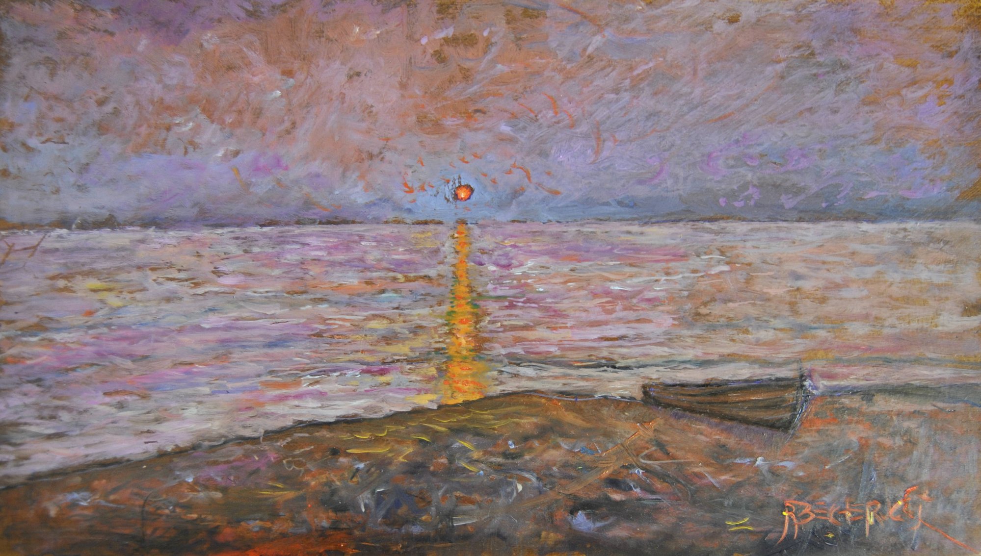 Barca sulla riva all’Ardenza con tramonto e riflessi viola e arancio