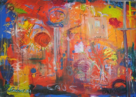 Quadro astratto nelle tonalità del rosso del pittore livornese Roberto Becherucci