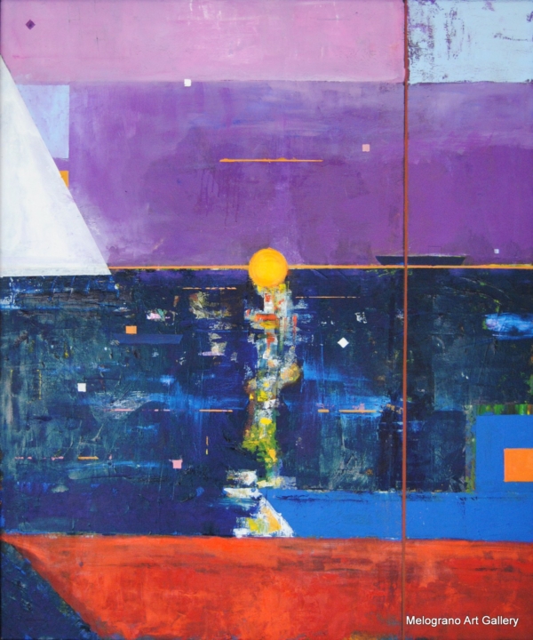 Tramonto sul mare di Roberto Becherucci: composizione tra figurazione e astrazione con blocchi di colore e tocchi di luce vibranti.