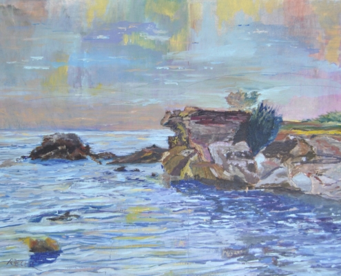 Dipinto di paesaggio marino di Roberto Becherucci, pittore livornese en plein air.