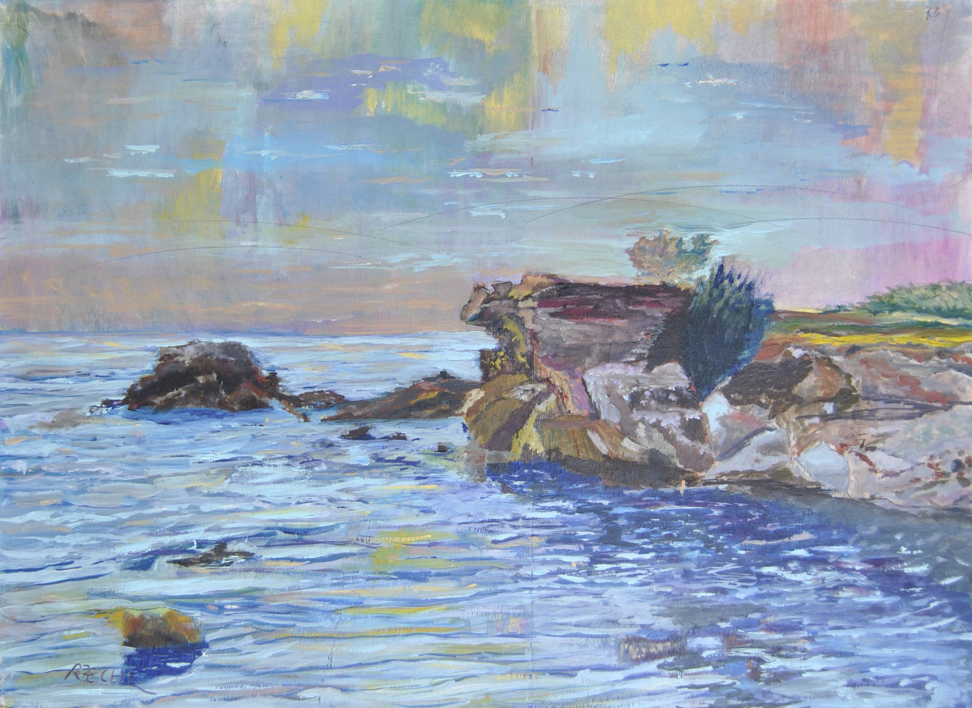 Dipinto di paesaggio marino di Roberto Becherucci, pittore livornese en plein air.