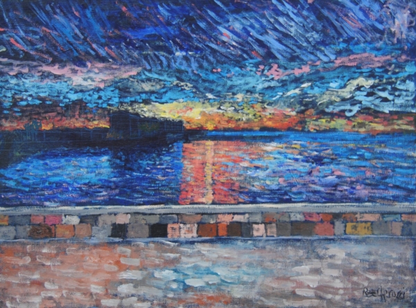 Quadro di Roberto Becherucci rappresentante un tramonto a Livorno allo Scoglio della Regina omaggio a voltolino fontani