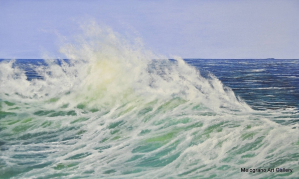 Olio su tela di Stefano Urzi, pittore livornese, con paesaggi marini realistici e poetici. Onde, spruzzi e riflessi del mare di Livorno catturati con sensibilità e maestria.